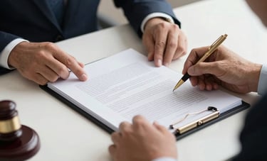 Close-up of a South American / Brazilian lawyer's hands reviewing legal folders and a gold pen on a white desk, conveying precision, professionalism, and care.