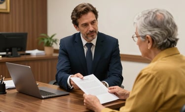 An empathetic scene in a Brazilian law office where a professional advisor explains a document to an elderly client, warm atmosphere with gold and navy blue accents.