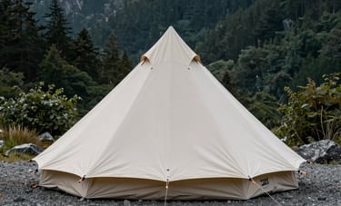 Minimalist outdoor photography of a canvas tent set up in a serene clearing in the Pacific Northwest mountains. The scene is calm and professional, focusing on the quality of equipment and the natural beauty of the stone and deep green surroundings.