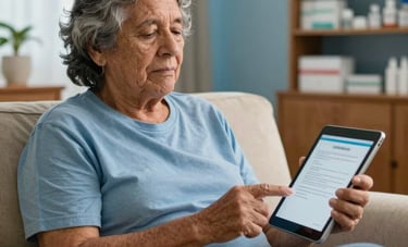 A South American elderly person in a cozy Brazilian living room, looking relieved and calm while interacting with a professional pharmacist on a tablet screen. The atmosphere is empathetic and safe, with warm light and sky blue details.