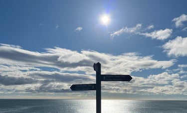 Mentoring leaders and innovators. Image of a summer sky and sign post point to choose direction.