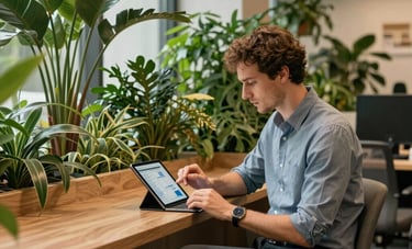 A professional Western European / French office environment with sustainable design, featuring lush green plants and modern wooden furniture. A specialist is reviewing data on a tablet. The lighting is warm and natural, emphasizing a trustworthy atmosphere. Colors include emerald green and muted blue-gray.