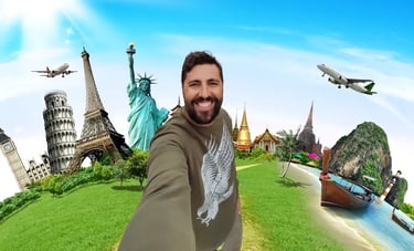 A smiling traveler taking a selfie with global landmarks like the Eiffel Tower and Statue of Liberty.