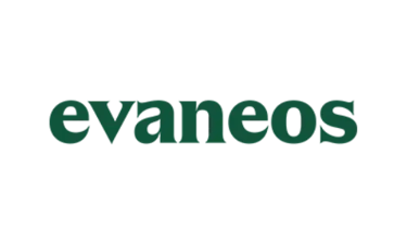 Evaneos travel agency logo in dark green serif font on a black background.