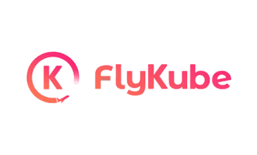 FlyKube logo with pink gradient text and an airplane icon circling the letter K on a black background.