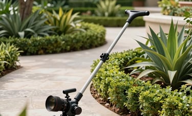 Photography of a manicured hotel garden and outdoor maintenance. Professional gardening equipment, lush native Latin American plants, stone paths, bright daylight, high-quality maintenance service, sophisticated outdoor setting.