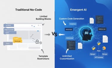 Infographic comparing Emergent’s code generation to template-based no-code tools.