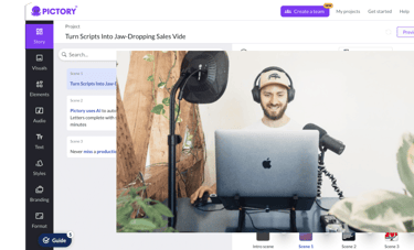 A man sitting in recording studio creating content with laptop, headphone