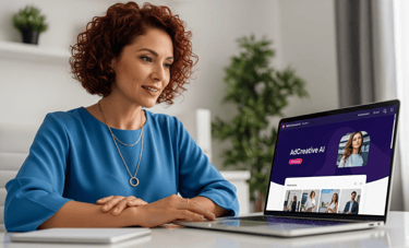 Woman using AdCreative AI on laptop.