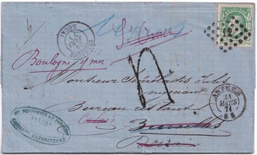 1871, lettre d'ANVERS à BRUXELLES (poste restante) redirigée vers CALAIS, SAINT-OMER, DOUAI