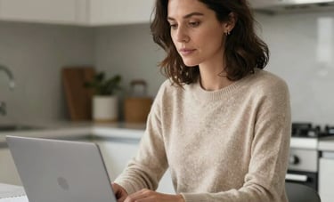 High-resolution photography of a professional woman in a North American setting, sitting at a kitchen island with a laptop and a notebook. She is wearing a soft beige sweater, looking calm and focused. The background is a clean kitchen.