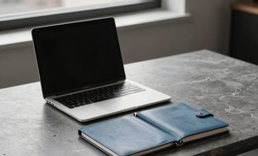 A minimalist, high-end workspace in a North American city loft. A sleek slate grey desk holds a silver laptop and a muted blue leather planner. Soft afternoon light filters through a large window. The mood is calm and organized.