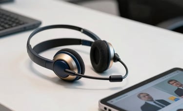 A close-up photograph of high-quality professional tele-attendance equipment on a clean white desk in a South American corporate setting. The focus is on a sleek headset and a modern tablet showing a communication interface, with subtle gold and navy accents.