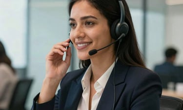A South American professional woman in a contemporary office environment, speaking through a headset with a warm and confident expression. The background shows a blurry but elegant workspace with light blue glass partitions and professional lighting.