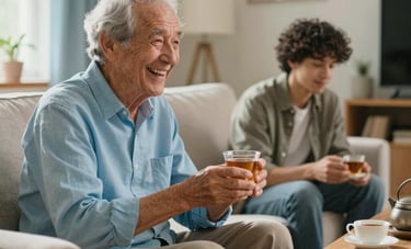 Photography of a cozy, sunlit North American / culturally diverse living space with soft textures and light blue accents. A senior is laughing while sharing tea with a younger person in the background, conveying a sense of community and warmth.
