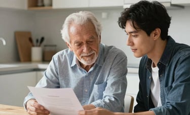 A bright photography shot of a senior and a young adult sitting at a light wood table in a modern North American / culturally diverse kitchen, reviewing a paper document together. Soft morning light, emphasizing a sense of security and mutual respect.