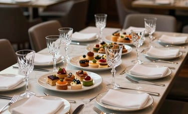 A beautifully arranged table for a corporate event in a Brazilian restaurant, featuring silver cutlery, crystal glasses, and platters of premium appetizers, sophisticated South American interior design.