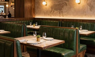 Interior of an elegant Brazilian steakhouse with Matte Forest Green leather booths, dark wood furniture, and warm ambient lighting, South American modern architecture style, sophisticated and inviting atmosphere.