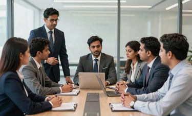 A group of professional South Asian colleagues in business formal attire, a mix of men and women, having a collaborative meeting around a conference table in a modern corporate building in Gurugram.