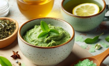 a green paste in a bowl surrounded by skincare ingredients