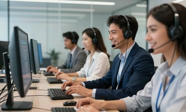 A professional South American team in a modern office, wearing headsets and smiling while looking at computer screens. The environment is clean, with glass walls and professional blue decor. The focus is on teamwork and technological excellence.