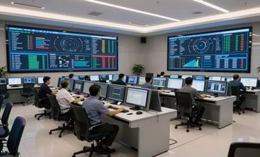 A high-tech control center in a Brazilian corporate building. Large monitors display data analytics and communication flows. The room is designed with professional furniture in blue and white tones. Cinematic lighting creates a sense of cutting-edge efficiency.