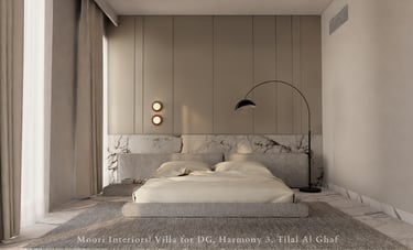 Modern bedroom featuring a minimalist monochrome design with neutral bedding and a floor lamp