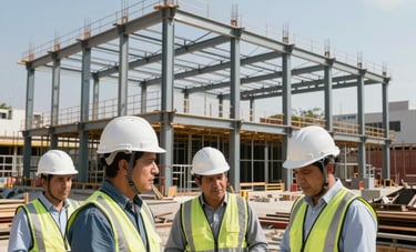 Wide shot of a major construction site in a Latin American / Hispanic city, featuring a steel structural framework, focused Hispanic engineers with white helmets, bright sunlight, and professional modern architectural photography style.