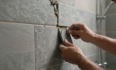 A close-up photography of a craftsman in Los Angeles California installing sleek slate-gray tiles in a modern shower. The composition focuses on the precision of the lines and the high-quality materials. Strong natural light hits the wet mortar and tiles. The style is bold and emphasizes structural expertise.