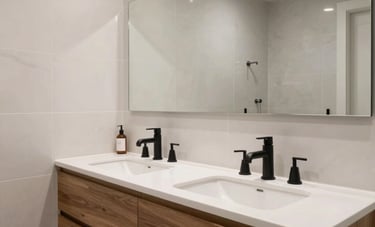 An interior shot of a finished modern luxury bathroom in a North American home. Features include a floating wood vanity, black faucets, and large-format porcelain wall tiles. The style is functional and crisp, showcasing a successful transformation from an old space to a powerful new upgrade.