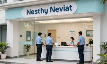 The clean, modern entrance of a South Asian healthcare facility with security personnel at the desk, reflecting a supportive and safe environment, soft white and light blue lighting.