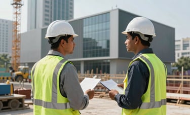 A construction site in a South Asian urban environment with engineers in safety vests inspecting a modern commercial structure, bright daylight, professional architectural photography style.