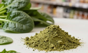 Vibrant and sharp photography of organic green superfood powder and fresh spinach leaves. The composition is clean and modern, highlighting raw natural ingredients in a high-end North American health store style.