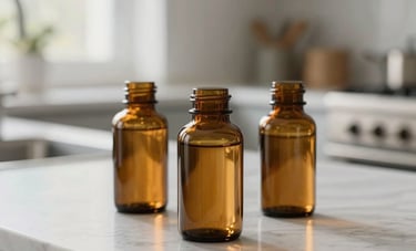 Minimalist photography of amber glass supplement bottles on a clean marble countertop in a bright North American kitchen. Soft natural lighting creates an atmosphere of trustworthy scientific wellness.