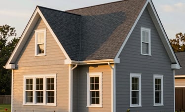 A North American craftsman style home with a newly installed dark slate grey shingle roof and clean white window frames. The property features a well-maintained garden and warm grey-beige siding, shot during a golden hour sunset.