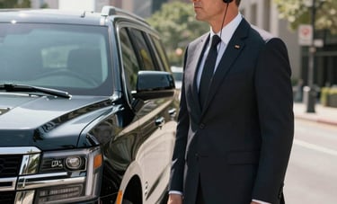 An executive protection specialist in a formal dark suit and earpiece, standing alert near a black luxury SUV in a North American US corporate district. The scene is modern and professional with high-contrast, sharp lighting.