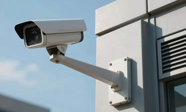 A high-tech security surveillance camera mounted on the corner of a contemporary architectural structure in a North American US urban environment. The background shows a clear blue sky, emphasizing technology and vigilance.