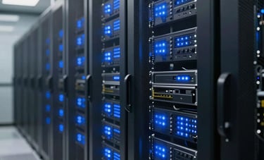 A photograph of a high-tech data center with clean lines and glowing deep blue indicators reflecting off polished surfaces in a secure North American corporate facility.