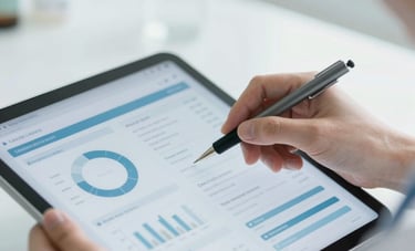 A close-up photograph of a healthcare professional's hand using a high-resolution tablet to view clinical analytics in a bright North American clinical setting with soft natural light.