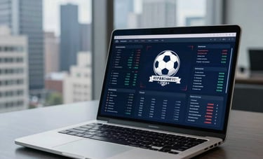 A professional desk setup in a modern high-rise office with a view of a city skyline. A laptop displays a sophisticated financial dashboard with football branding. Colors include deep navy and muted blues. Hispanoamericano / Global vibe, sharp focus, efficient and trustworthy style.