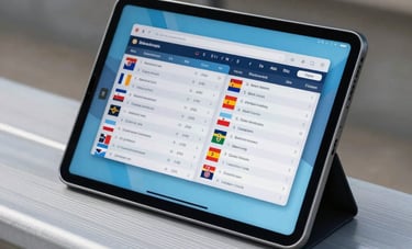 A high-speed photography shot of a sleek tablet resting on a stadium bench. The screen shows a vibrant, auto-updating tournament table with flags and team colors. Natural daylight, vibrant greyish white and light blue palette. Hispanoamericano / Global context, professional sports atmosphere.
