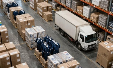 A high-angle shot of a vast, organized warehouse with rows of inventory boxes and uniforms. A delivery truck is visible. Professional logistics atmosphere, International / Global Business.