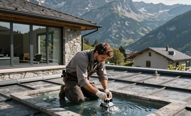 A professional photograph showing a technician performing a water infiltration test on the roof of a modern stone and glass European residence. Dramatic mountain peaks are visible in the background under a clear sky.