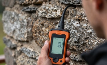 A close-up photography shot of a technician's hand holding a high-tech acoustic leak detection device against a rustic stone wall inside a French mountain chalet. Soft natural light illuminates the equipment's digital screen.