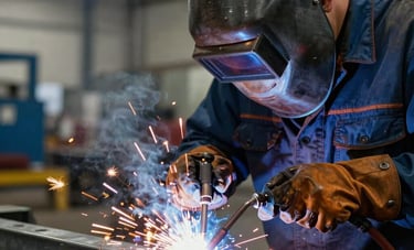 A close-up shot of a professional welder in a South American industrial plant. Bright sparks from a TIG torch illuminate the scene as the welder works on a stainless steel structure. The mood is precise and technical, featuring blue grey and steel grey tones with warm gold light from the welding arc.