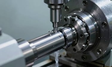 Close-up action photography of an industrial CNC lathe in a Brazilian factory. Sharp metal tools are shaping a cylindrical steel axle, with cooling fluid and metal shavings visible. The composition is focused on the point of contact, conveying high precision. Steel grey and light blue grey color palette.