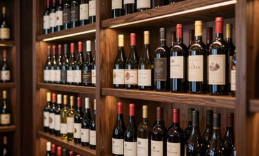 A premium wine cellar display with curated bottles of red wine on wooden racks, soft golden spotlighting, Brazilian high-end retail environment, elegant and traditional style, featuring dark red and bronze color palette.