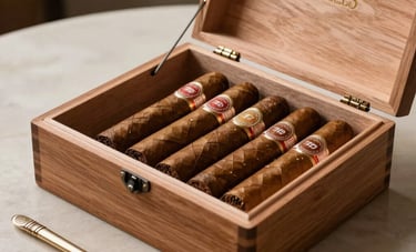 An elegant cedar wood humidor containing luxury cigars and metallic accessories, soft morning light hitting the polished wood, South American lounge setting, refined and professional photography, featuring beige and muted brown tones.