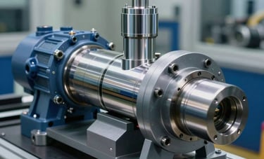 High-performance hydraulic pump components and cylinders on a professional test bench, gleaming chrome and blue-grey steel surfaces, Middle Eastern / Israeli industrial engineering facility, soft diffused lighting emphasizing precision manufacturing.