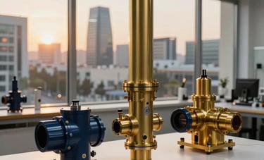 A modern industrial design studio, high-end hydraulic manifold prototypes on a clean white table, architectural windows overlooking a Jerusalem business park, Middle Eastern / Israeli technology hub, sunset lighting casting warm gold tones. Colors: brass gold and navy.